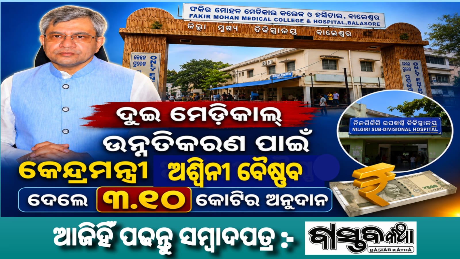 କେନ୍ଦ୍ର ମନ୍ତ୍ରୀ ଅଶ୍ଵିନୀ ବୈଷ୍ଣବ ଦୁଇ ଚିକିତ୍ସାଳୟର ଉନ୍ନତୀକରଣ ପାଇଁ ୩.୧୦ କୋଟି ଟଙ୍କାର ସାଂସଦ ପାଣ୍ଠି ସୁପାରିଶ